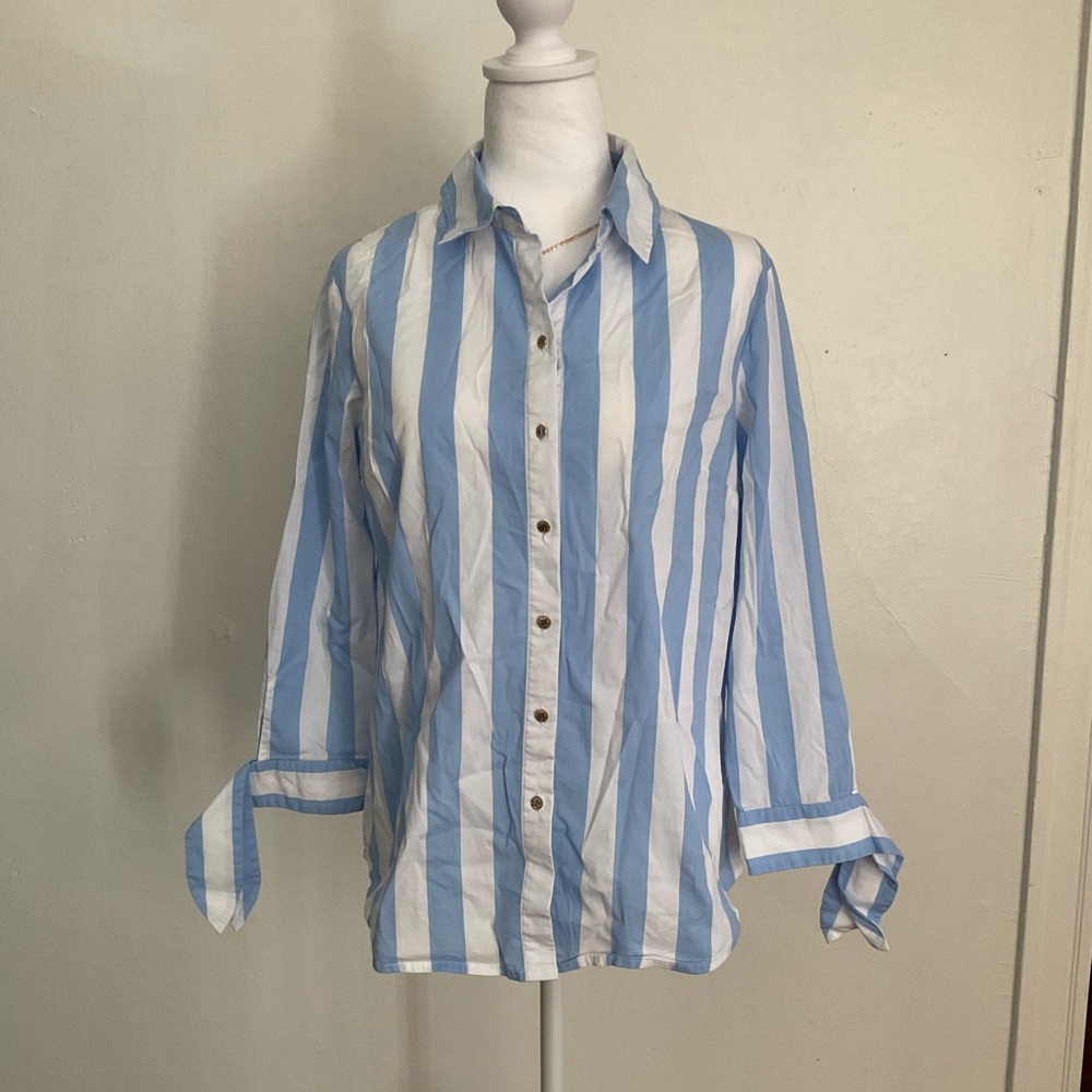 Anne Klein Blue & White Striped Button Down Shirt